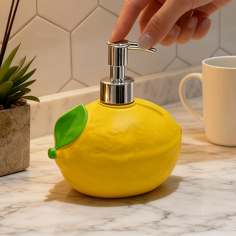 Soap Making Jar - かわいいレモン型樹脂製ソープディスペンサー、フルーツローションポンプボトル、バスルームカウンター装飾、家庭用キッチン収納オーナメントギフト