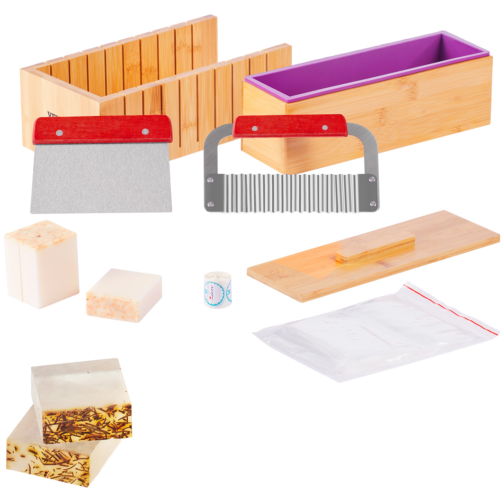 Soap Making Kit For Beginners - VEVOR石鹸作りキット 竹製カッティングボックスとインナーボックス、シリコンモールド、ステンレス製ストレートカッターとウェーブカッター付き