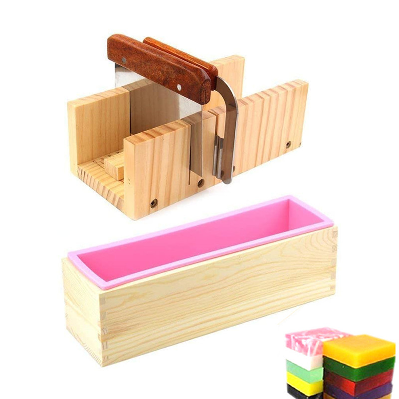 Soap Making Kit For Beginners - 1.2Lシリコンソープモールドキット 42オンス木製シリコンソープ長方形型 ステンレス製波型ストレートスクレーパー付き DIY製作